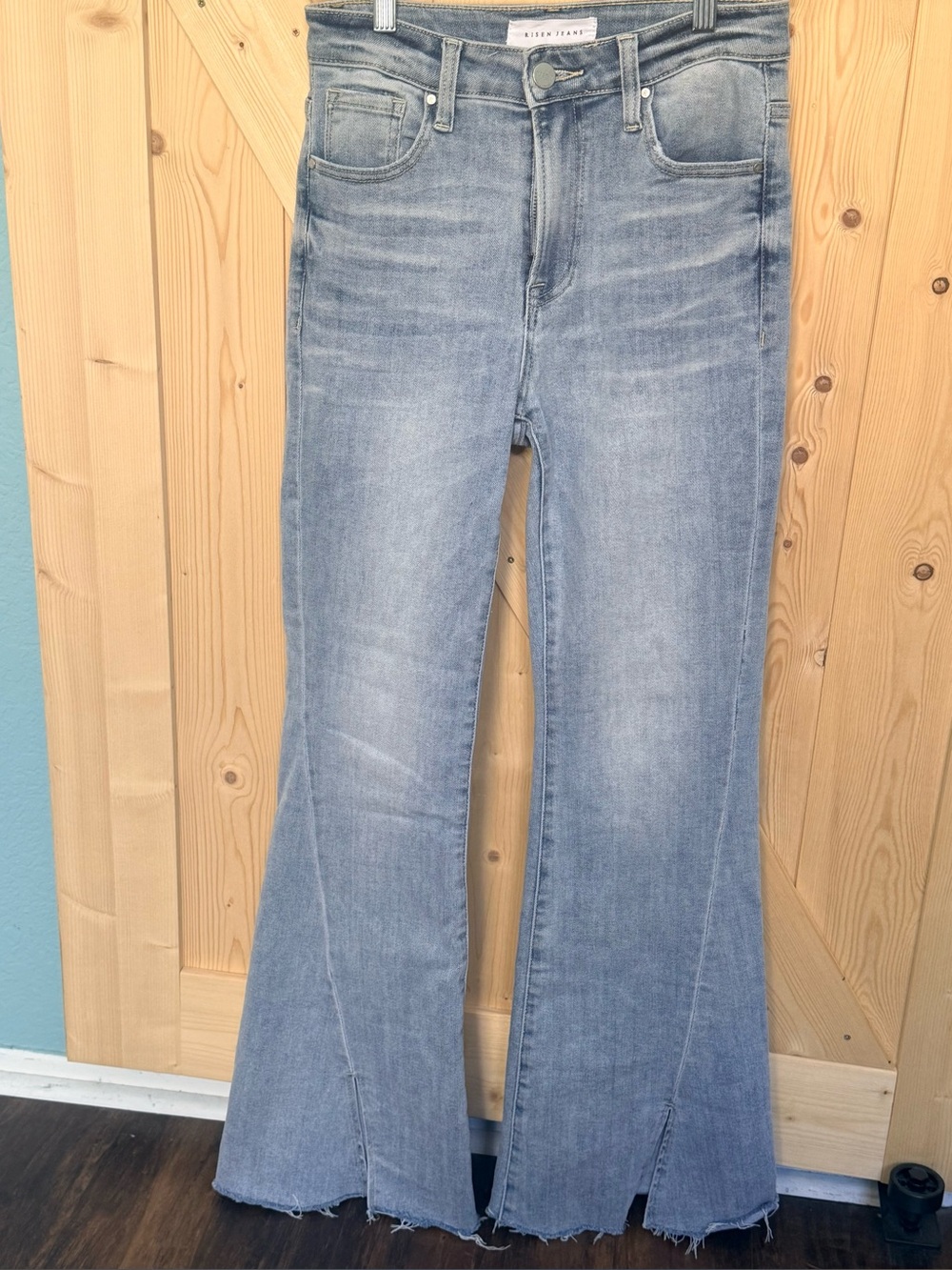 Risen High-Rise Flare Jeans with Front Slit